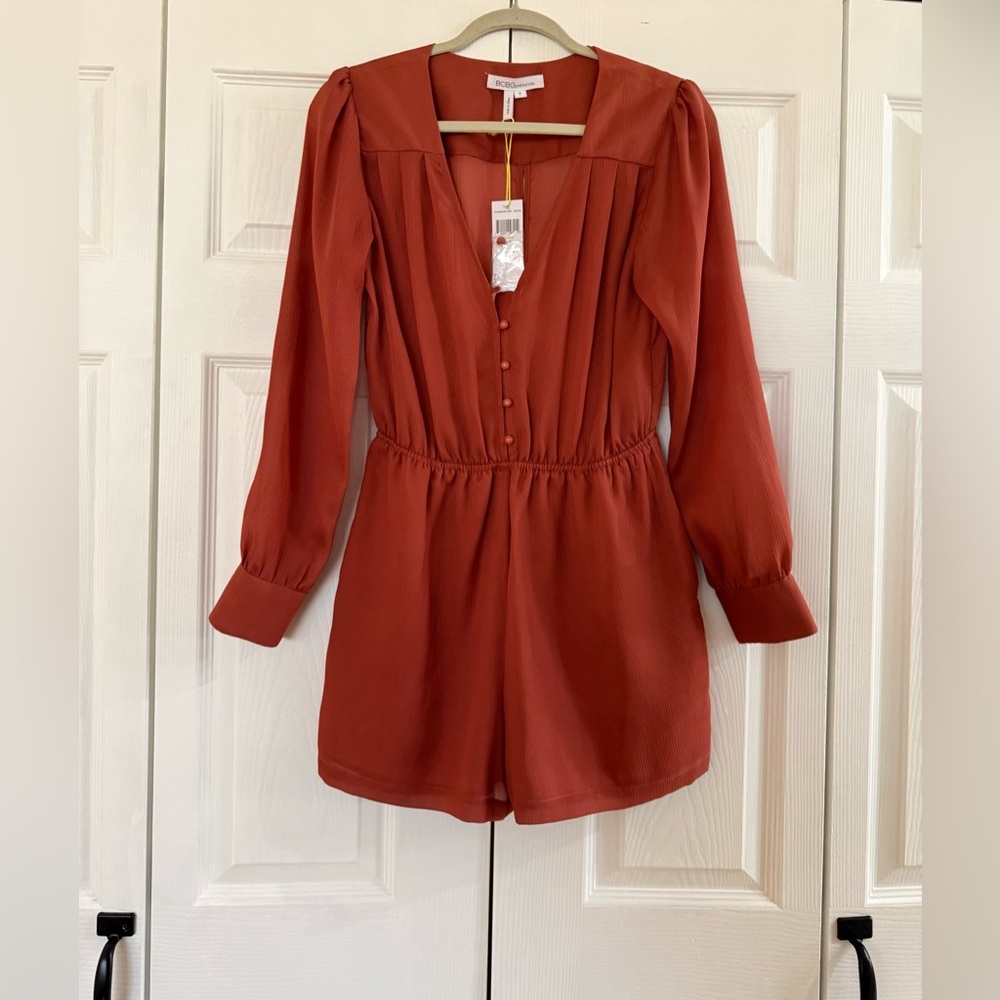 BCBGeneration Rust-Orange Button Front Romper NWT - image 1
